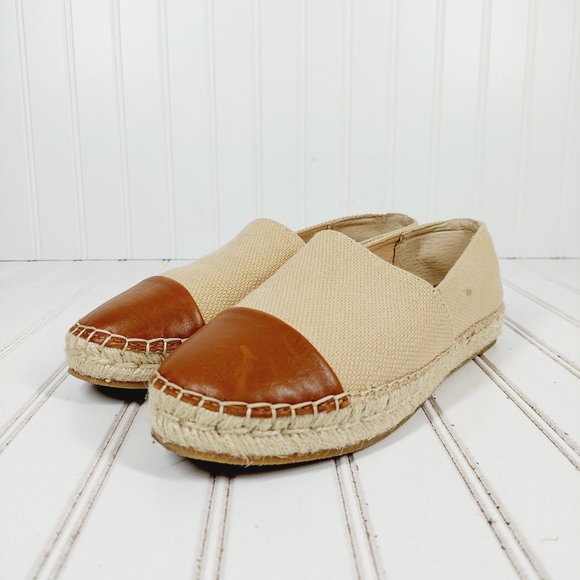 J. McLaughlin Cream Brown Canvas Leather Redding Cap Slip On Espadrille E385 - Picture 2 of 16